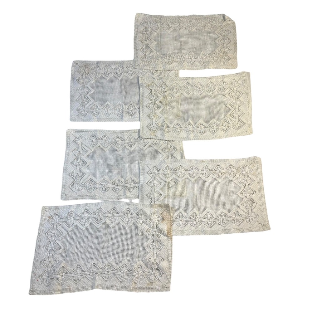 Vintage Off White Net Embroidered Placemats Set of 6 Farmhouse Boho 17x11